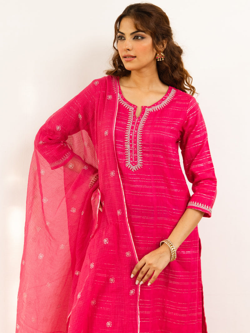 Magenta Cotton Lurex Comlete Suit Set For Women's