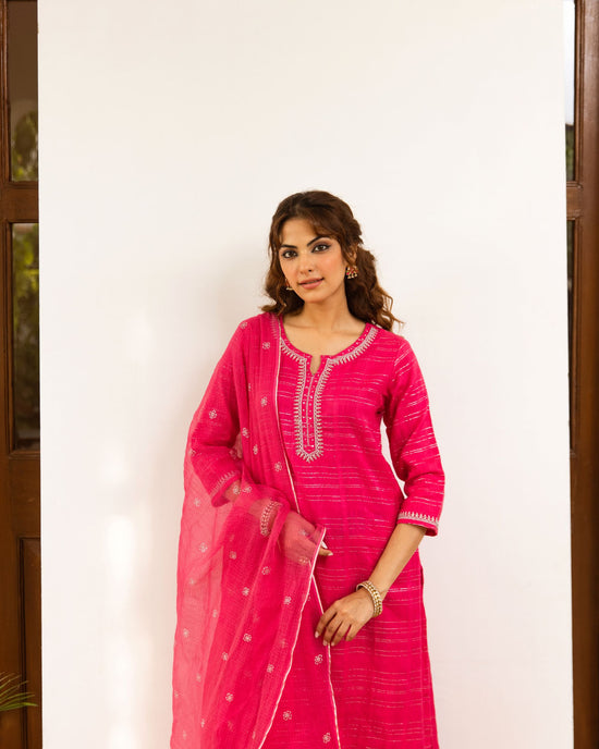 Magenta Cotton Lurex Comlete Suit Set For Women's