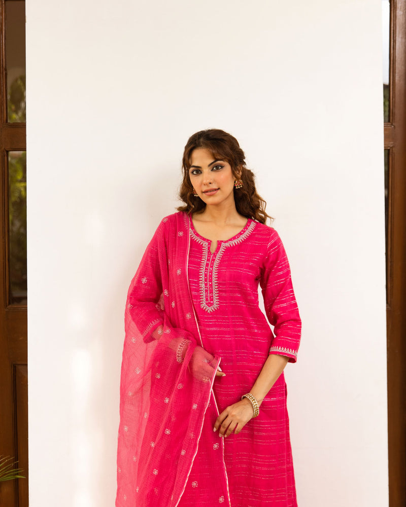 Magenta Cotton Lurex Comlete Suit Set For Women's