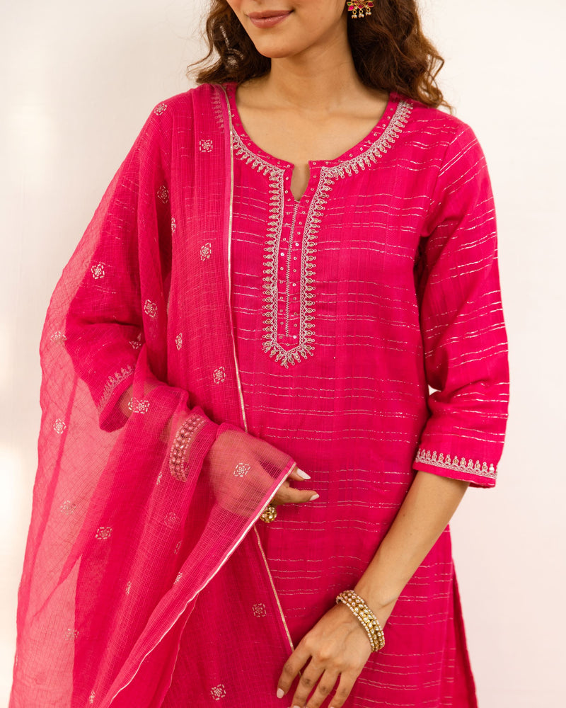 Magenta Cotton Lurex Comlete Suit Set For Women's