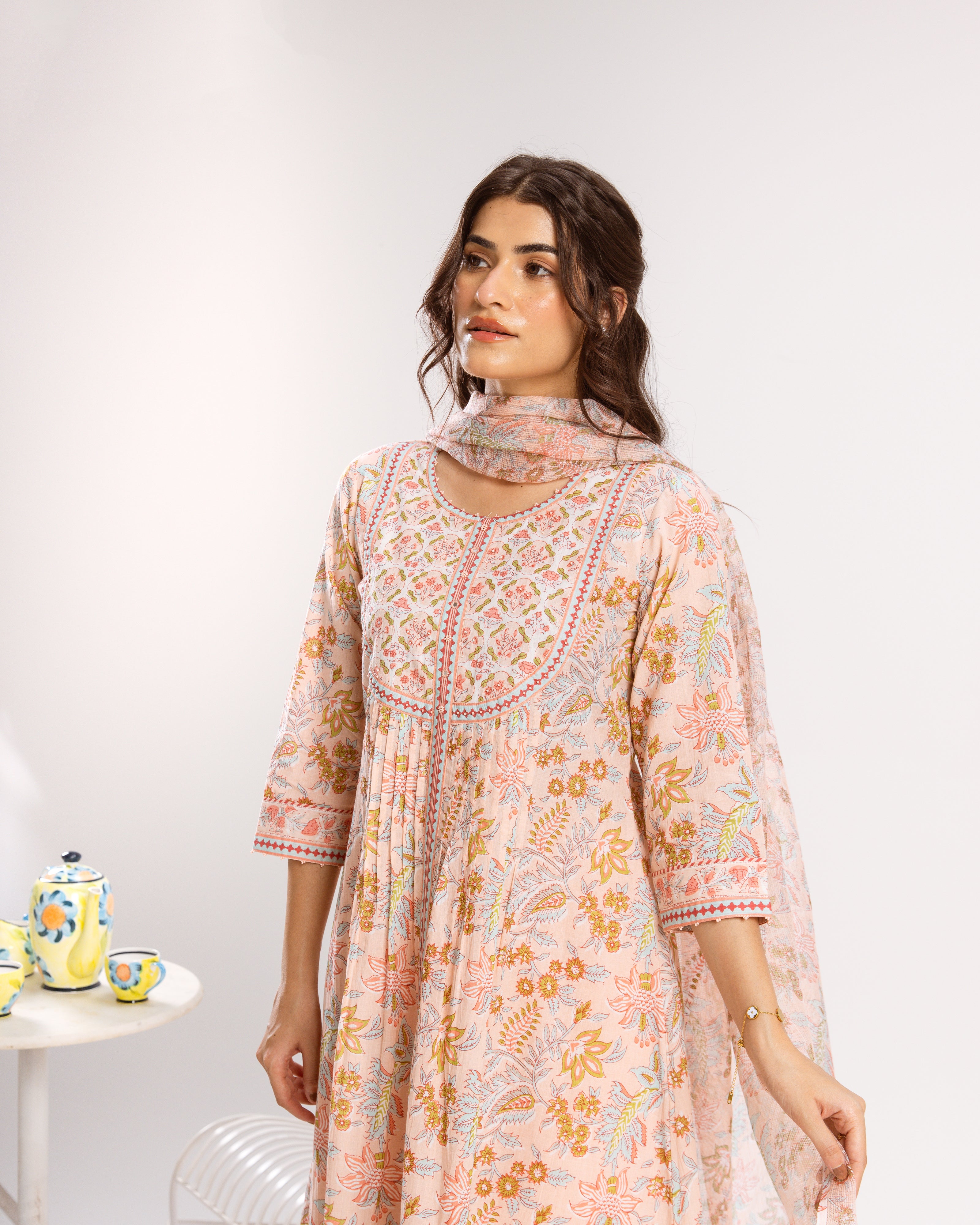 Peach Pink Cotton Kurta Dupatta(Pant Not Included)