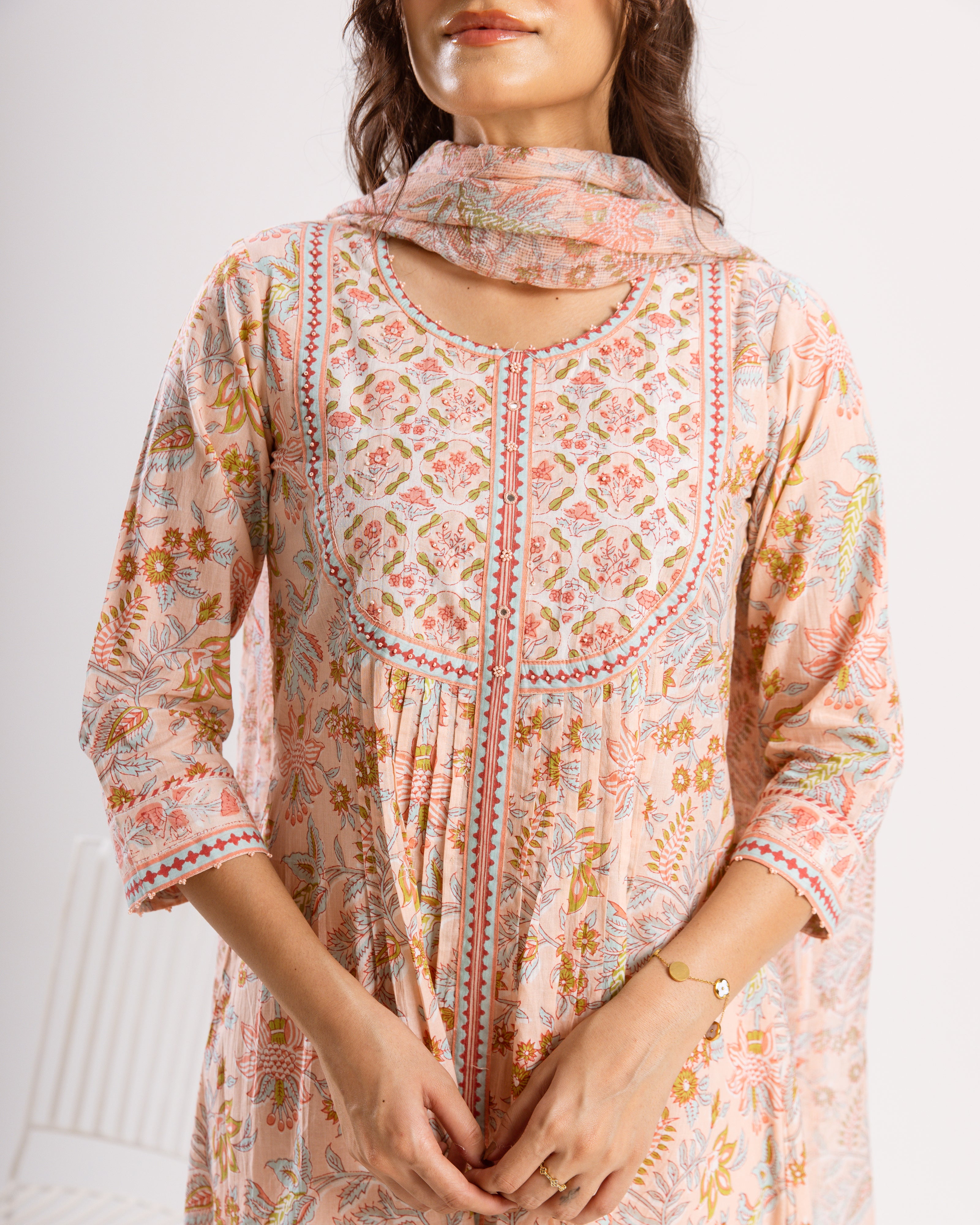 Peach Pink Cotton Kurta Dupatta(Pant Not Included)