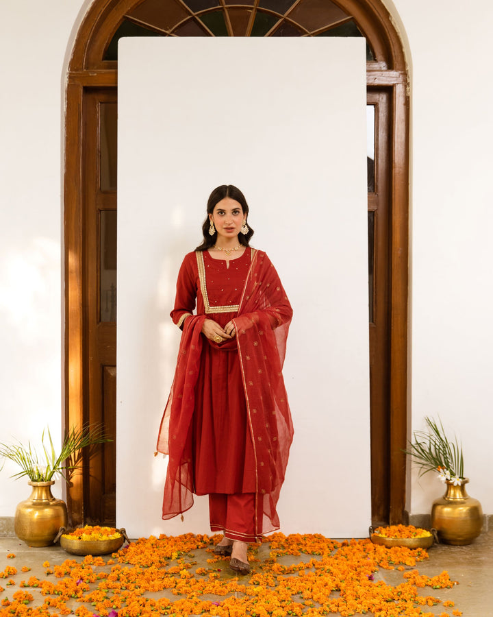 Rust Cotton Dobby Complete Suit Set For Women's