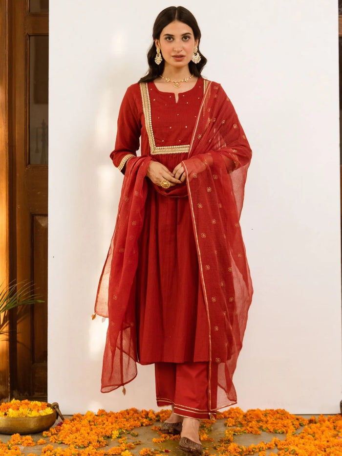 Rust Cotton Dobby Complete Suit Set For Women's