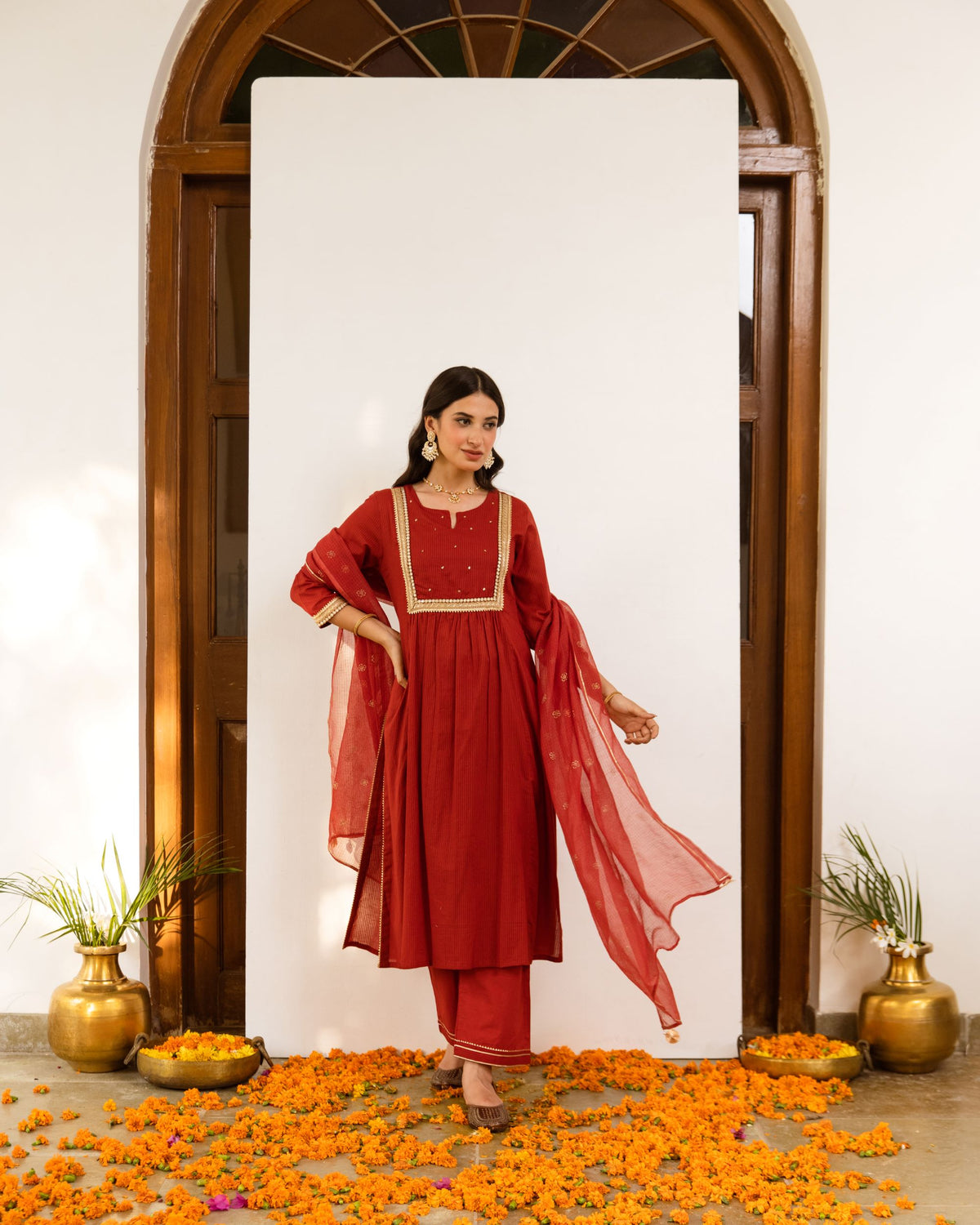 Rust Cotton Dobby Complete Suit Set For Women's