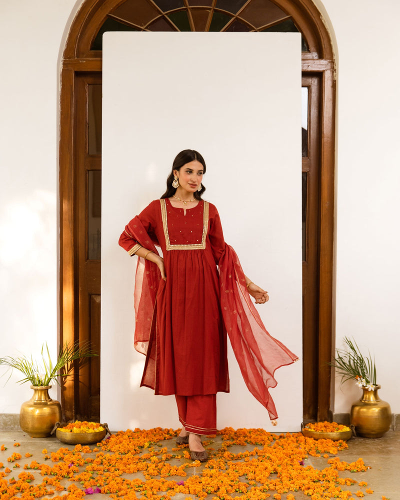 Rust Cotton Dobby Complete Suit Set For Women's