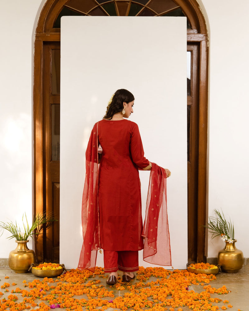 Rust Cotton Dobby Complete Suit Set For Women's