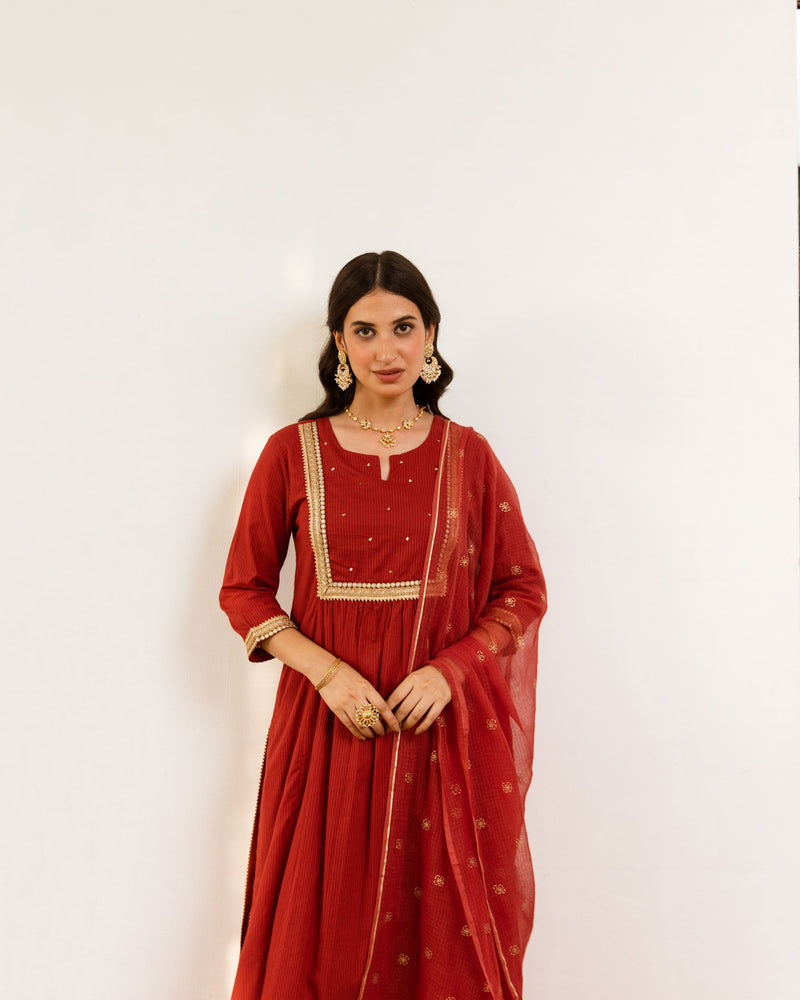 Rust Cotton Dobby Complete Suit Set For Women's