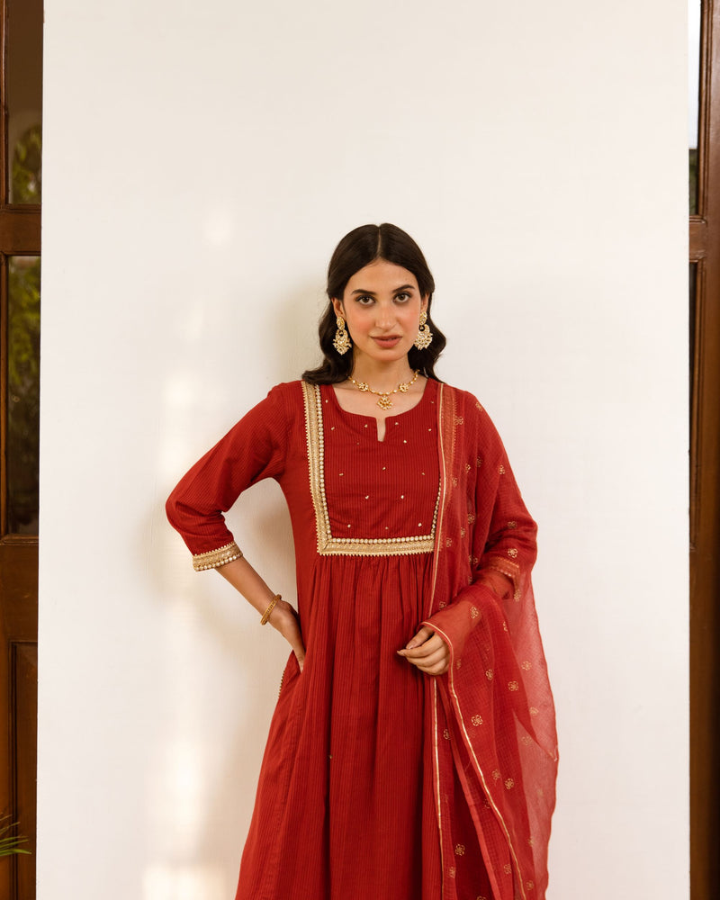 Rust Cotton Dobby Complete Suit Set For Women's