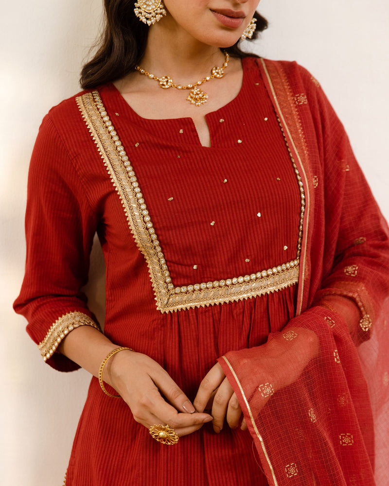 Rust Cotton Dobby Complete Suit Set For Women's