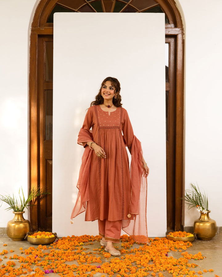 Brick Colored Cotton Salli & Kota Doriya Dupatta Complete Suit Set For Women's