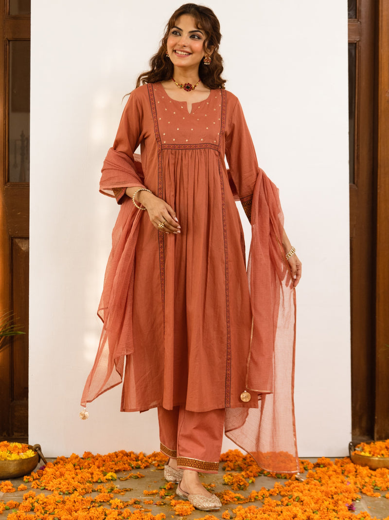 Brick Colored Cotton Salli & Kota Doriya Dupatta Complete Suit Set For Women's