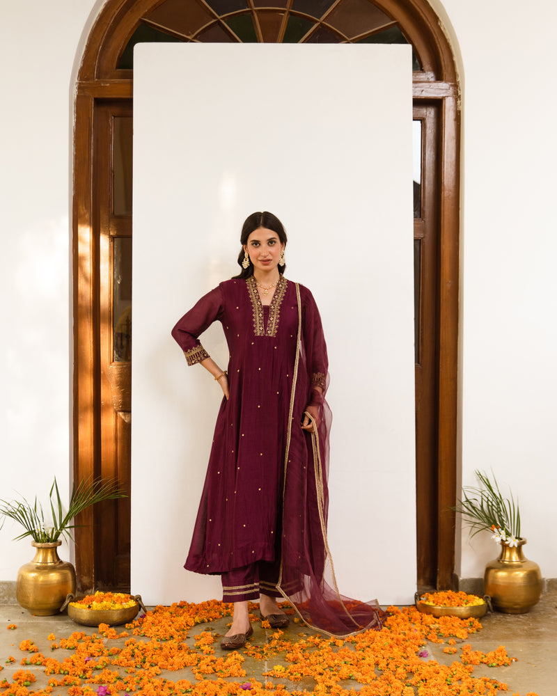 Wine Chanderi Complete Suit Set For Women's