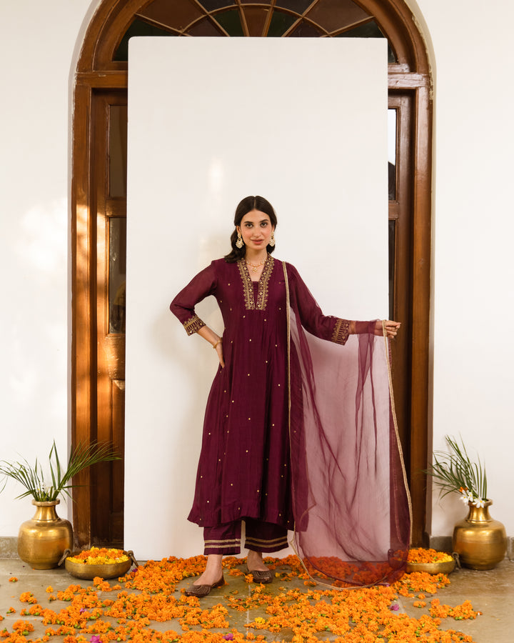 Wine Chanderi Complete Suit Set For Women's