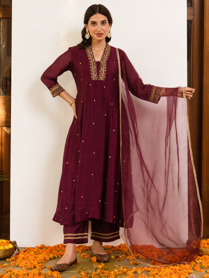 Wine Chanderi Complete Suit Set For Women's