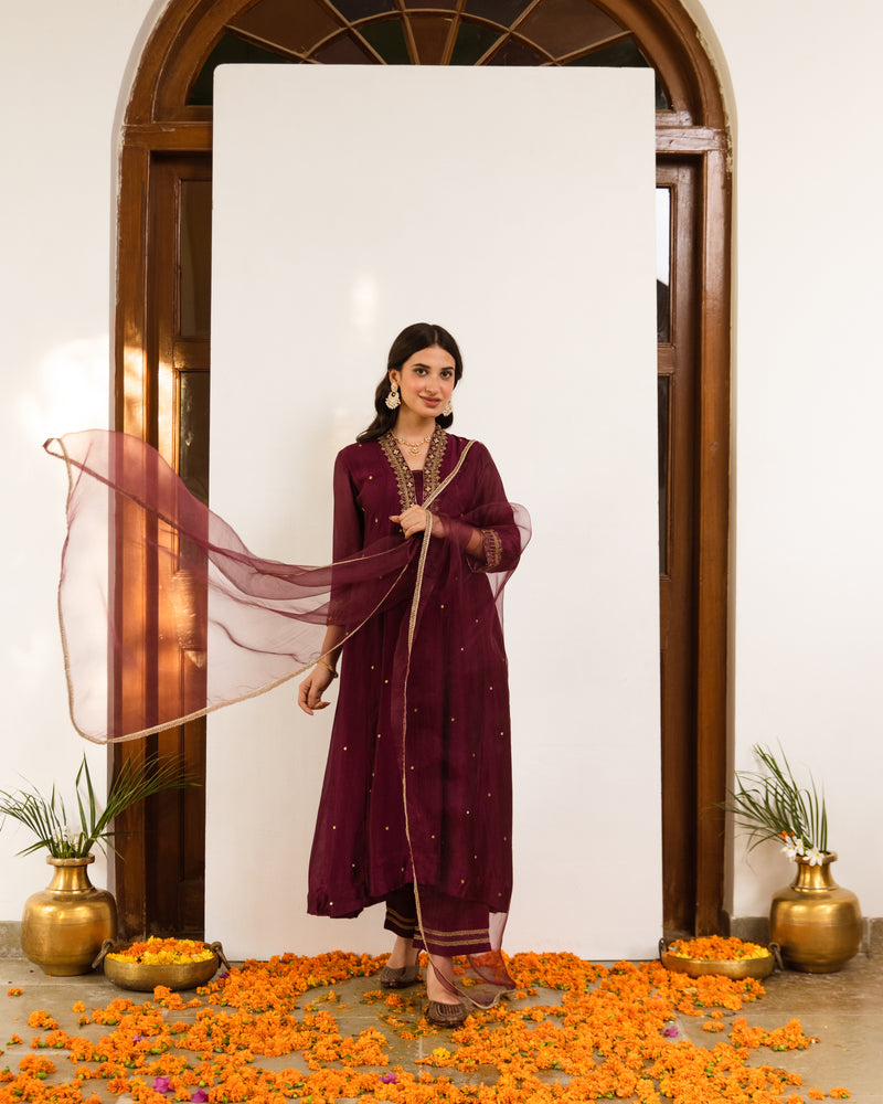Wine Chanderi Complete Suit Set For Women's