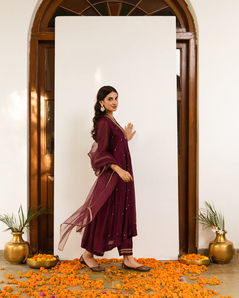 Wine Chanderi Complete Suit Set For Women's