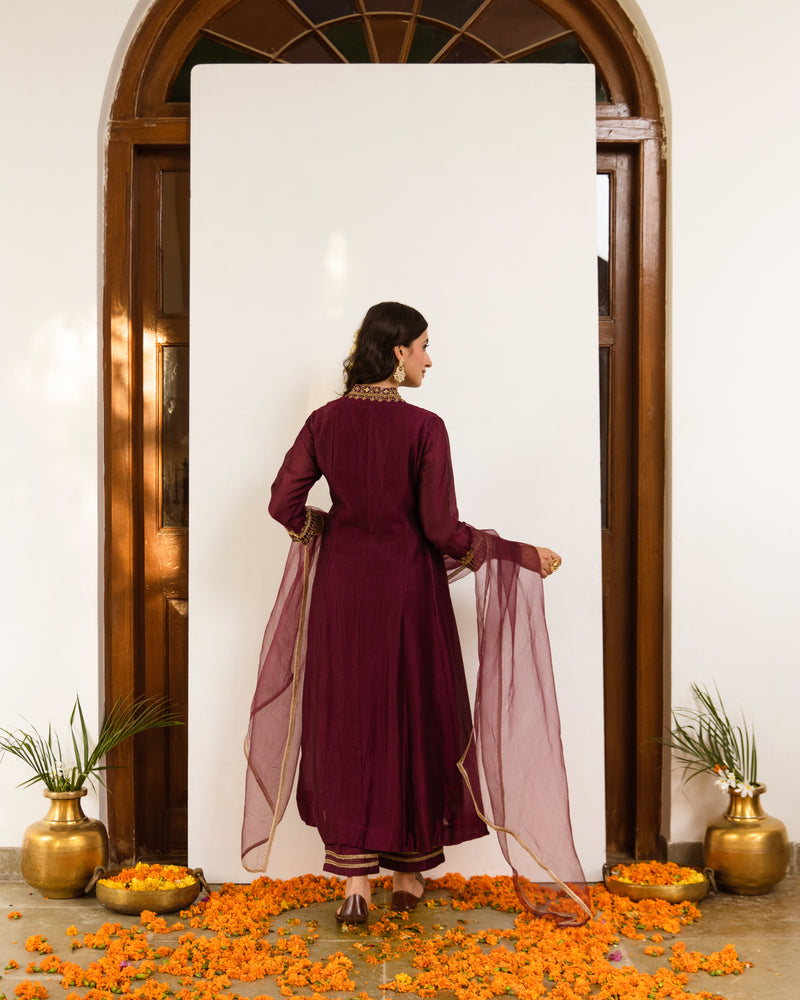Wine Chanderi Complete Suit Set For Women's