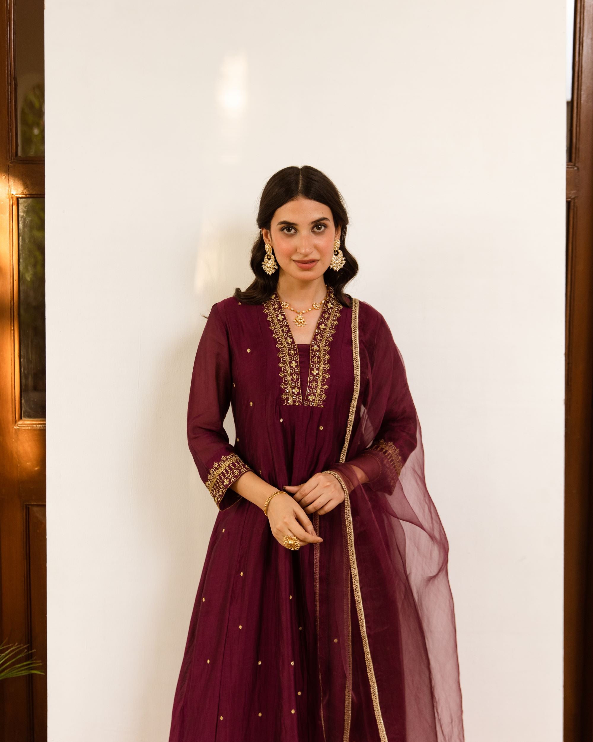 Wine Chanderi Complete Suit Set For Women's