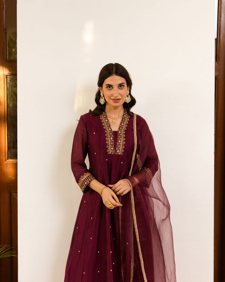 Wine Chanderi Complete Suit Set For Women's
