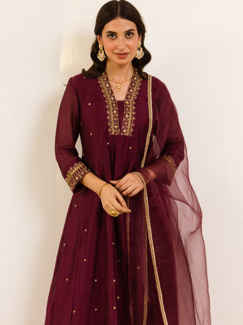 Wine Chanderi Complete Suit Set For Women's