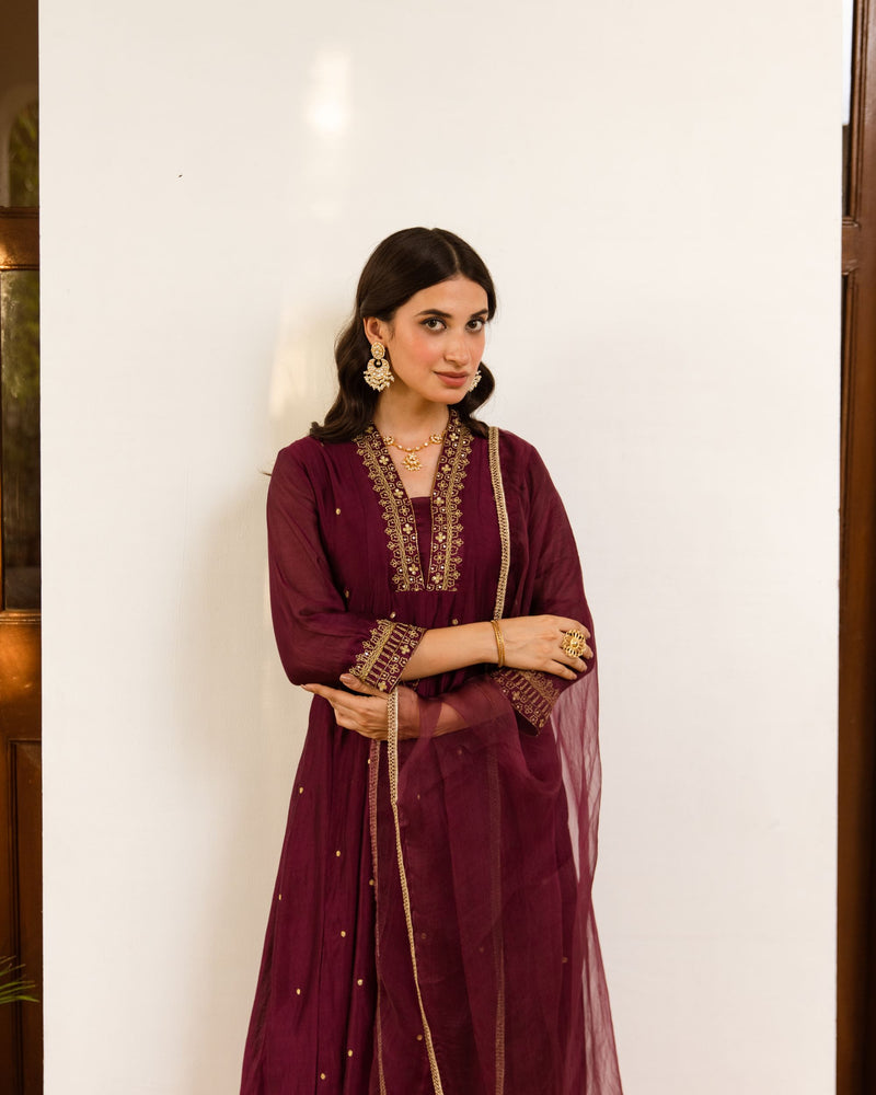 Wine Chanderi Complete Suit Set For Women's
