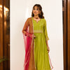 Green And Pink Silk Chanderi Round With V-neck Complete Suit Set For Women's