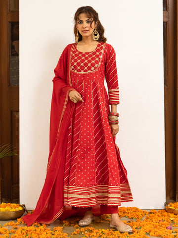 Red Cotton Bandhani Printed Round Neck Kurta Pant Set For Women's