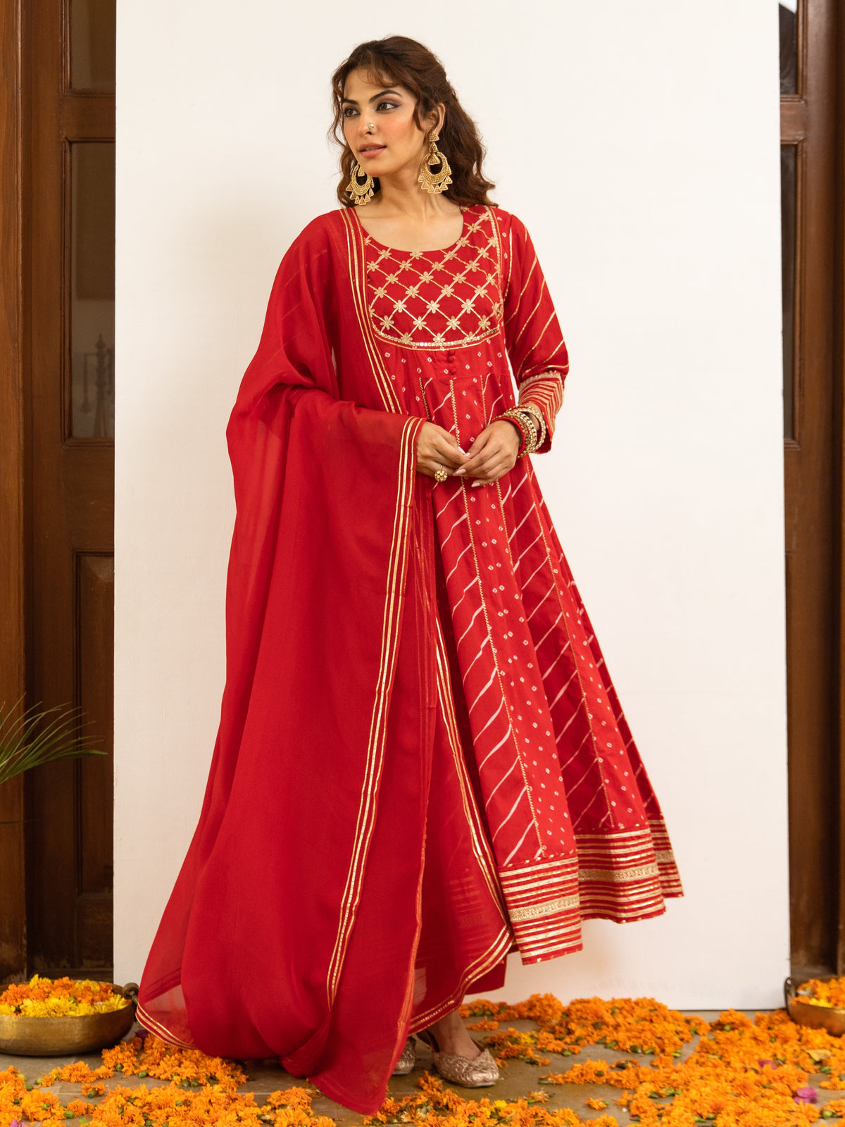 Red Cotton Bandhani Printed Round Neck Kurta Pant Set For Women's