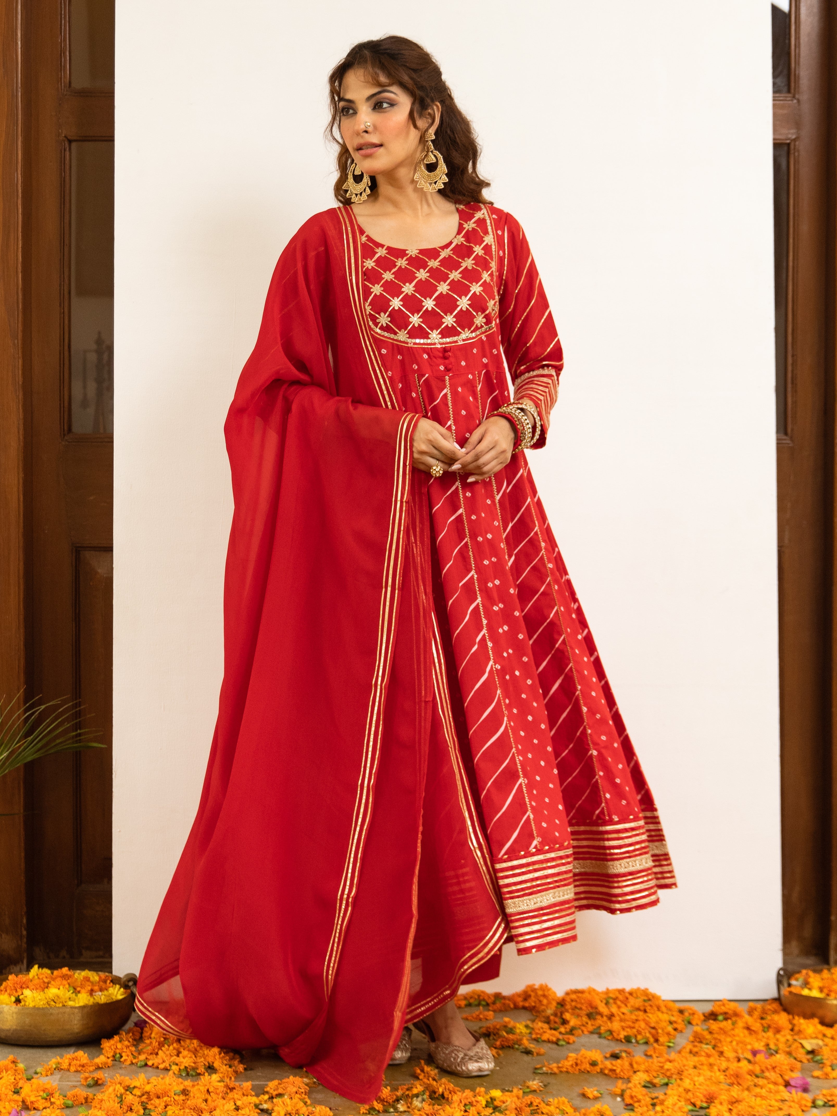 Red Cotton Bandhani Printed Round Neck Kurta Pant Set For Women's