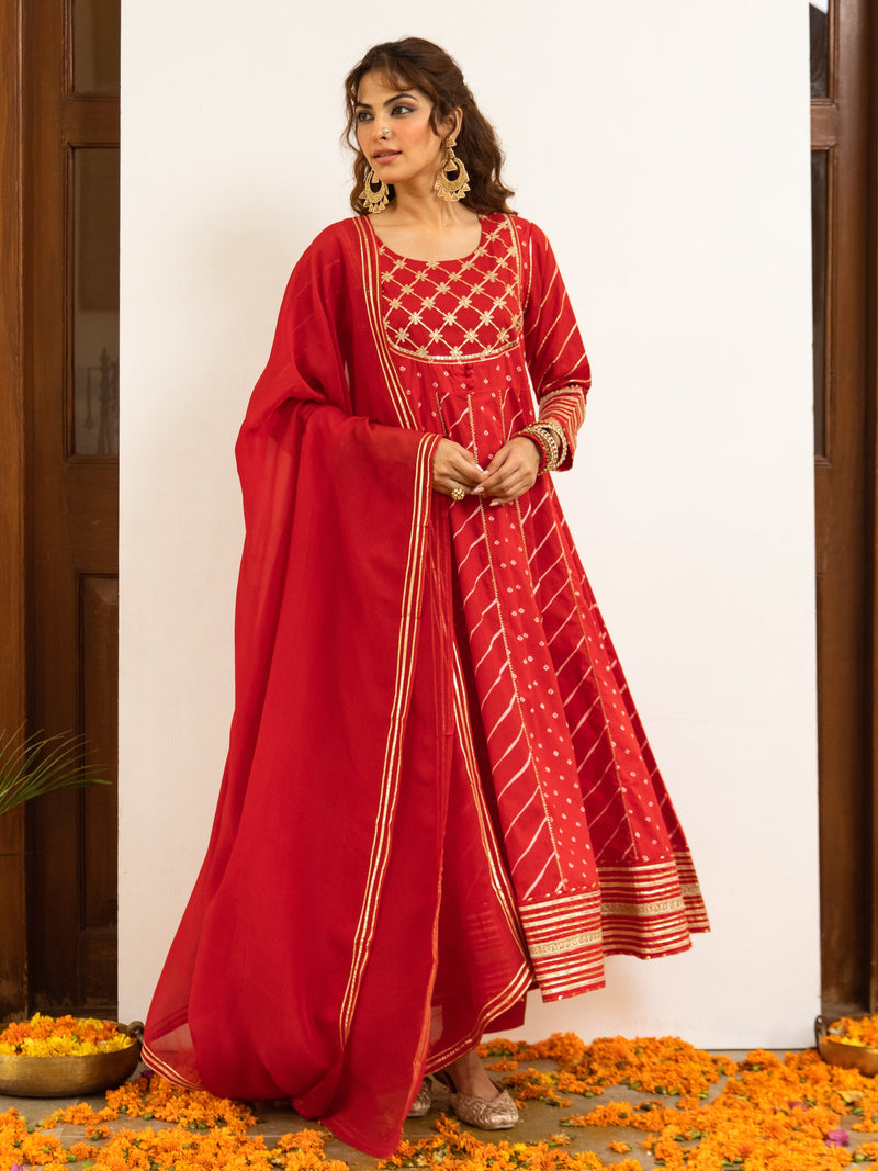 Red Cotton Bandhani Printed Round Neck Kurta Pant Set For Women's