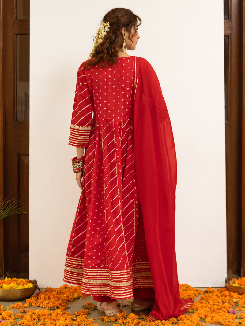 Red Cotton Bandhani Printed Round Neck Kurta Pant Set For Women's