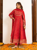 Red Cotton Bandhani Printed Round Neck Kurta Pant Set For Women's