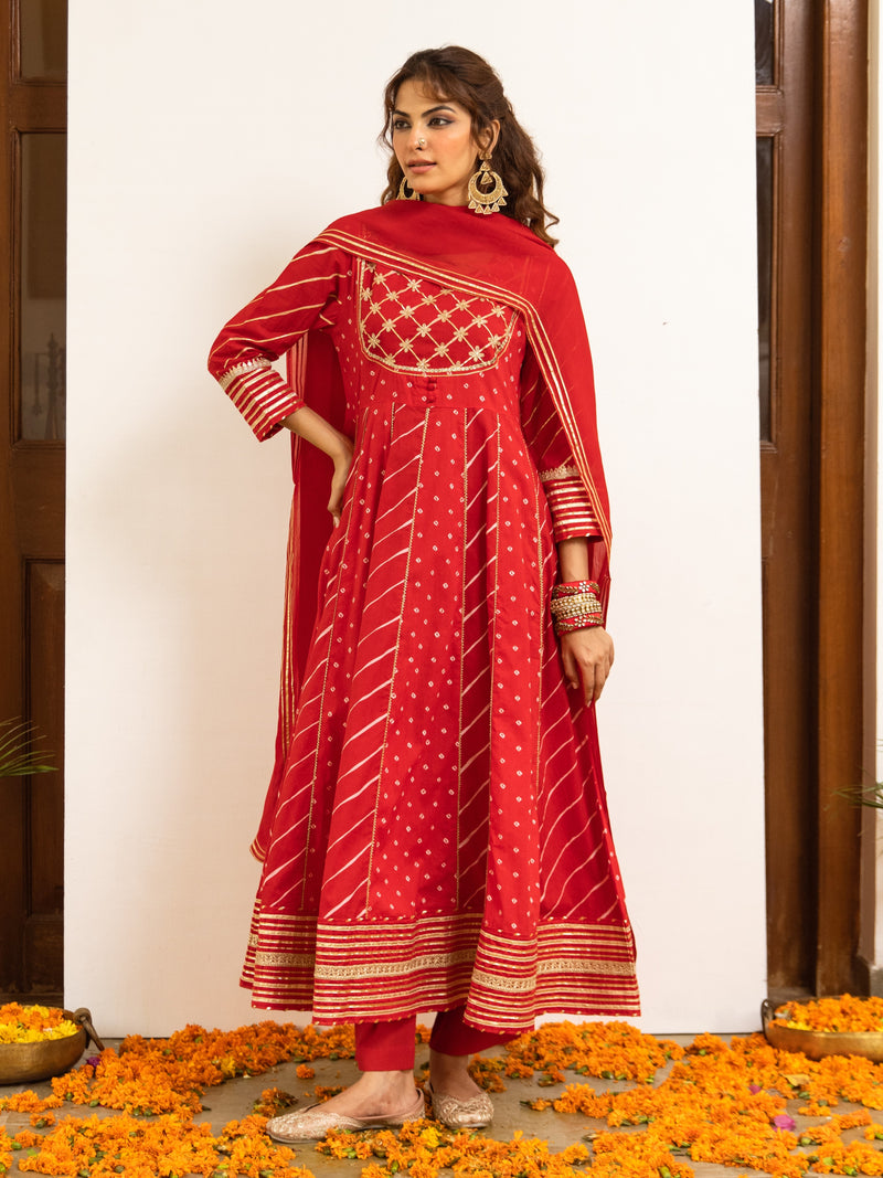 Red Cotton Bandhani Printed Round Neck Kurta Pant Set For Women's