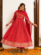 Red Cotton Bandhani Printed Round Neck Kurta Pant Set For Women's