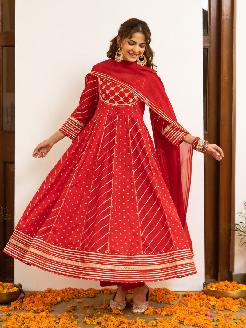 Red Cotton Bandhani Printed Round Neck Kurta Pant Set For Women's