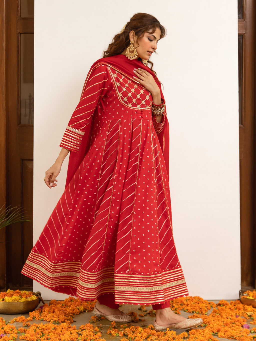 Red Cotton Bandhani Printed Round Neck Kurta Pant Set For Women's