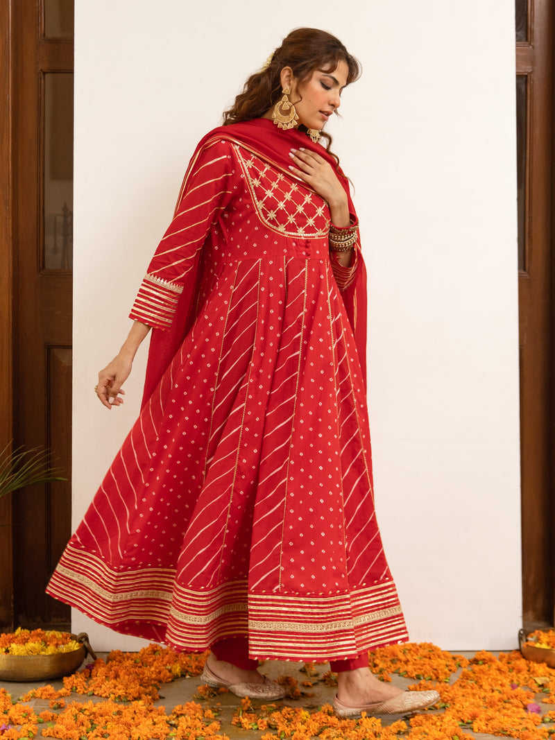 Red Cotton Bandhani Printed Round Neck Kurta Pant Set For Women's