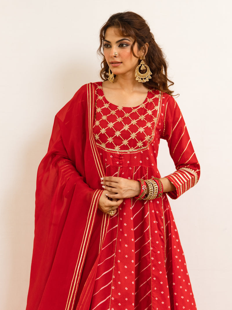 Red Cotton Bandhani Printed Round Neck Kurta Pant Set For Women's