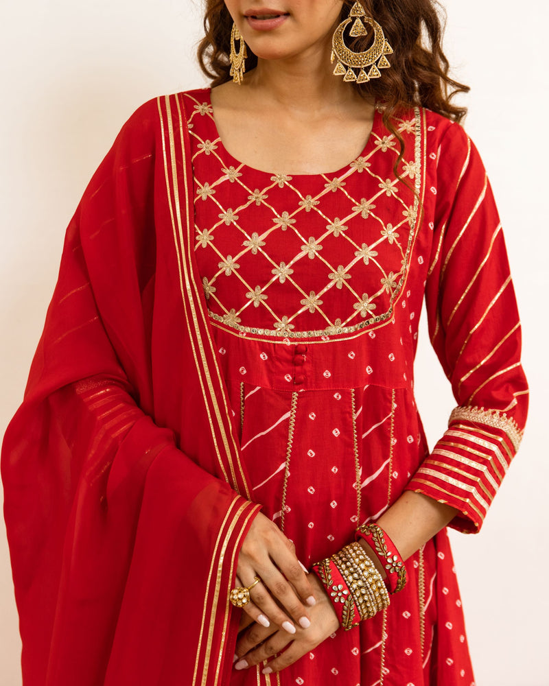 Red Cotton Bandhani Printed Round Neck Kurta Pant Set For Women's