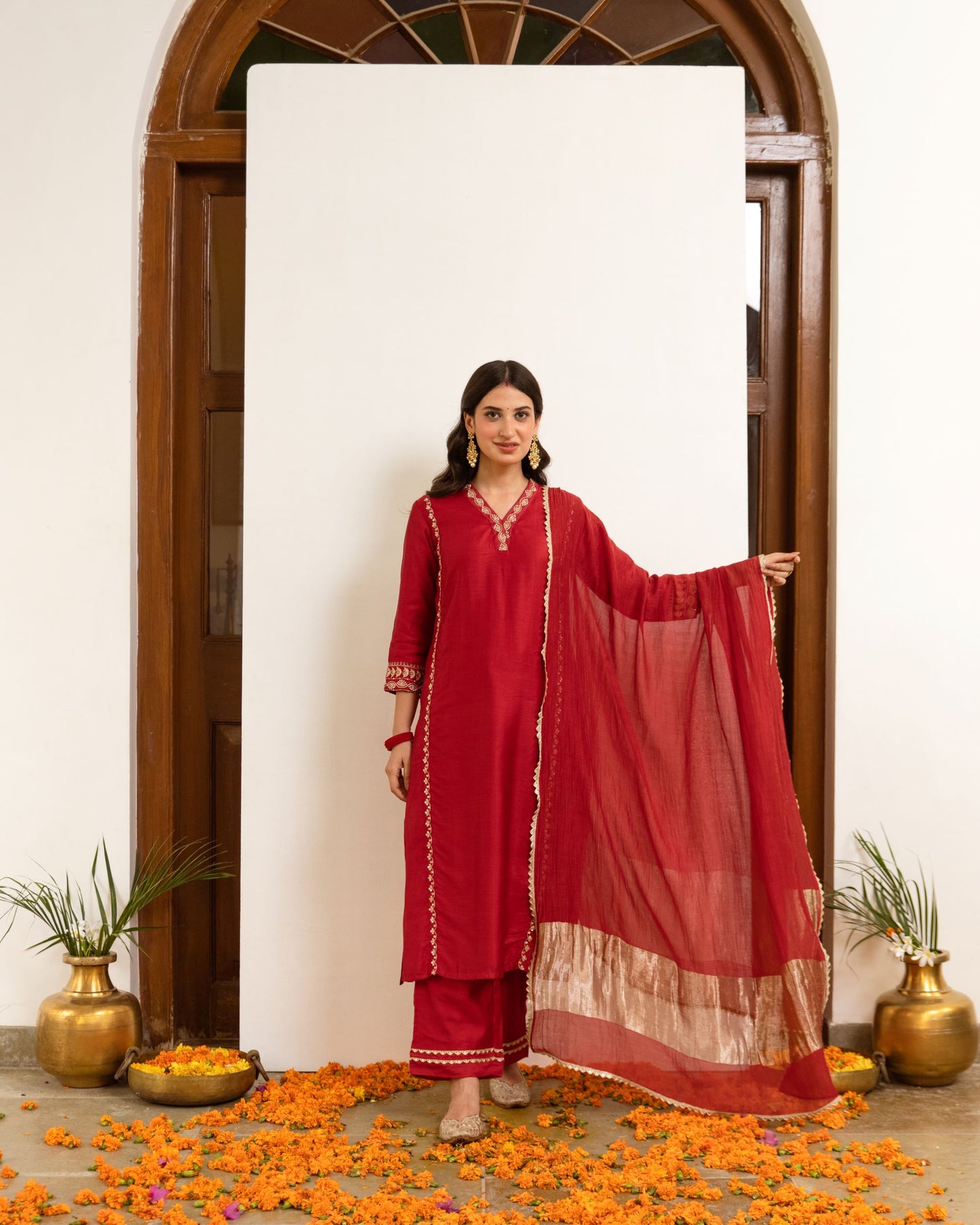 Red Chanderi V-neck Complete Suit Set For Women's