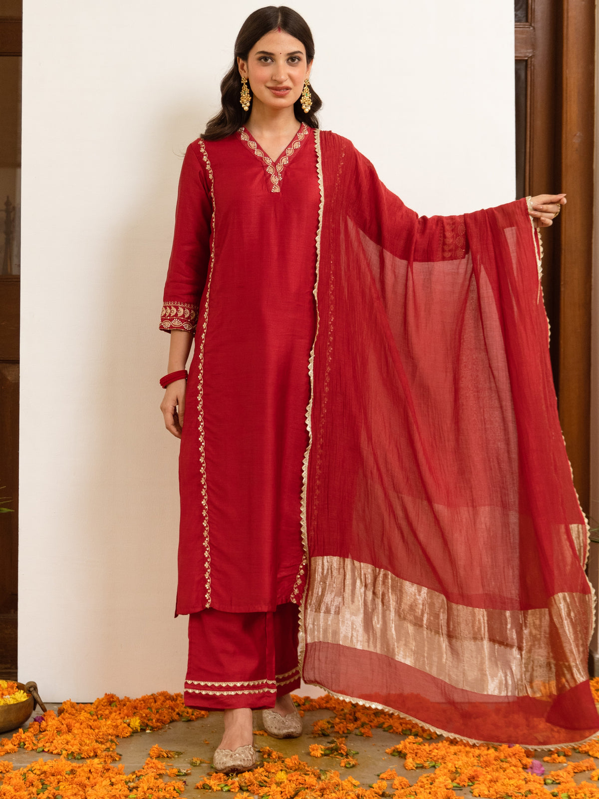 Red Chanderi V-neck Complete Suit Set For Women's