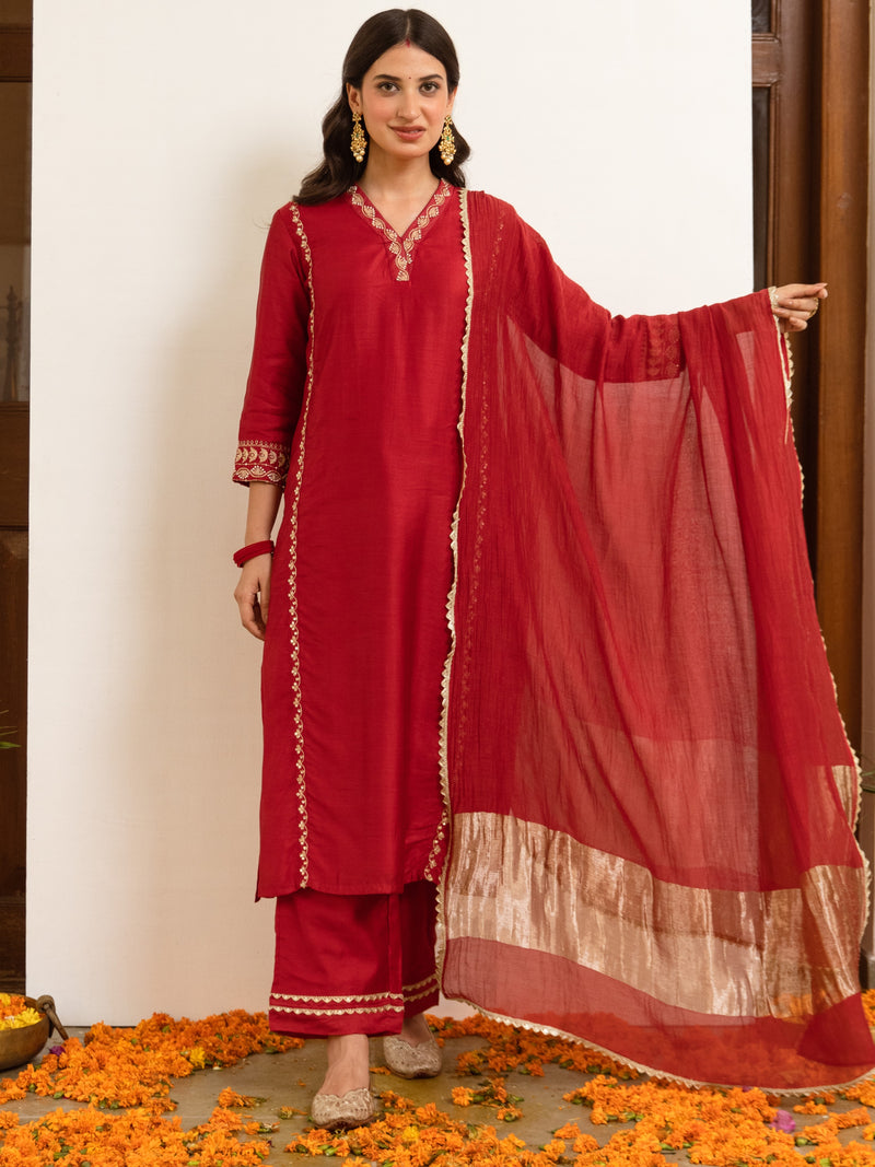 Red Chanderi V-neck Complete Suit Set For Women's