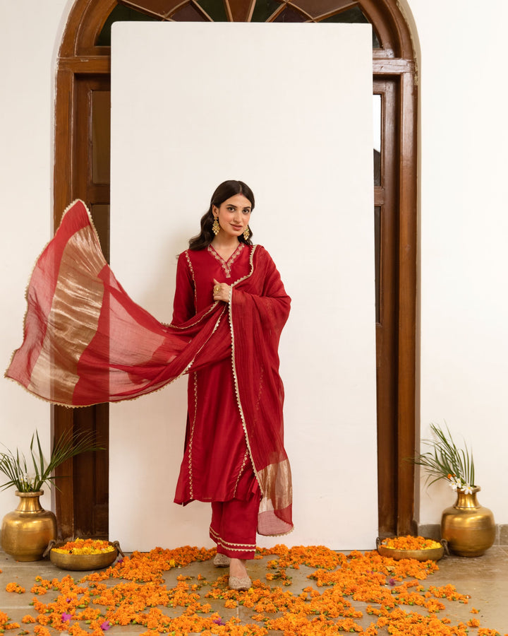 Red Chanderi V-neck Complete Suit Set For Women's