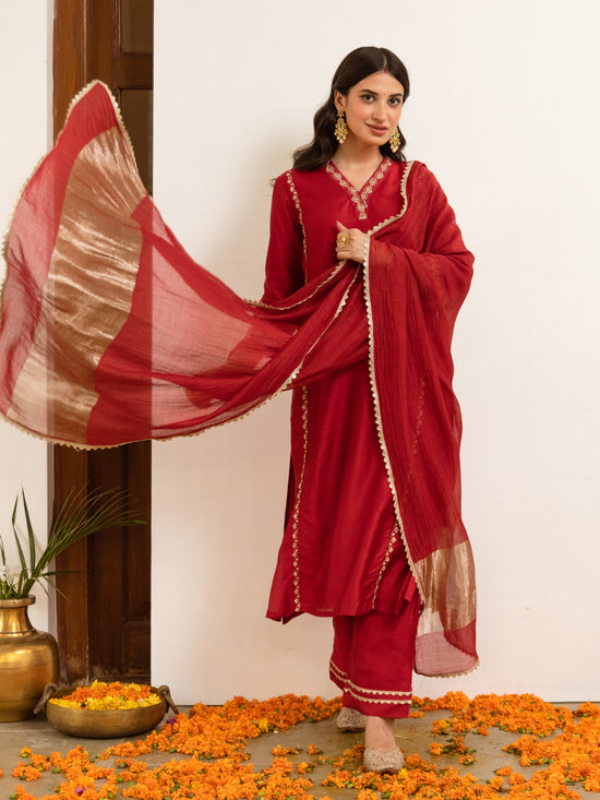 Red Chanderi V-neck Complete Suit Set For Women's