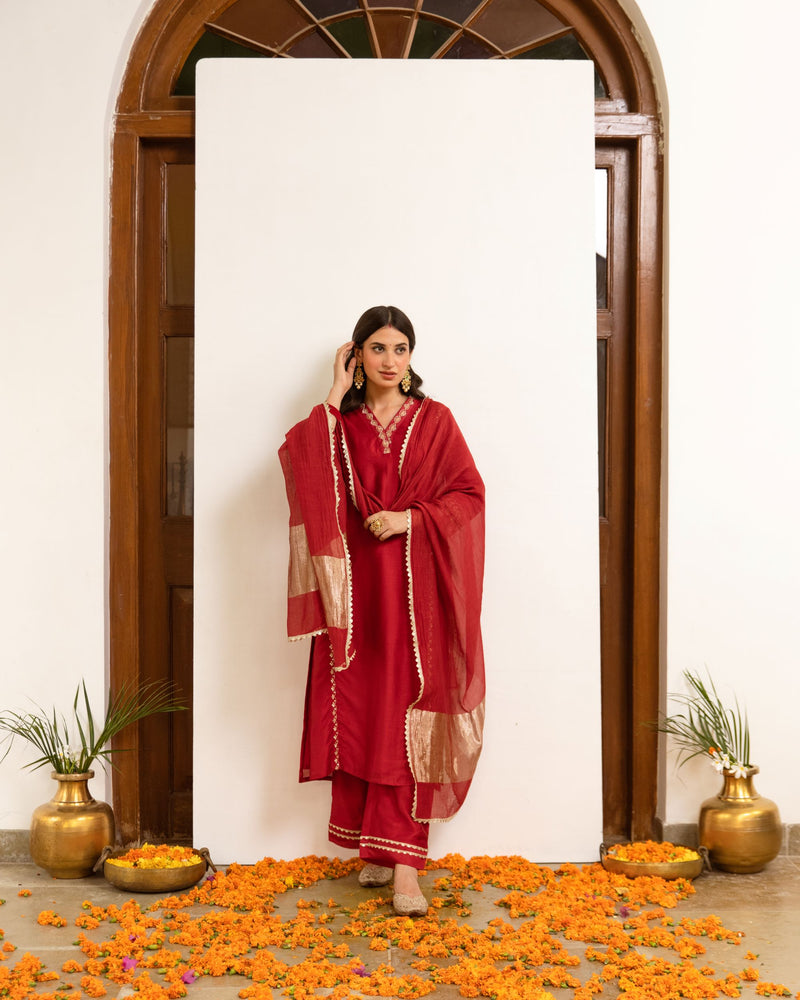 Red Chanderi V-neck Complete Suit Set For Women's