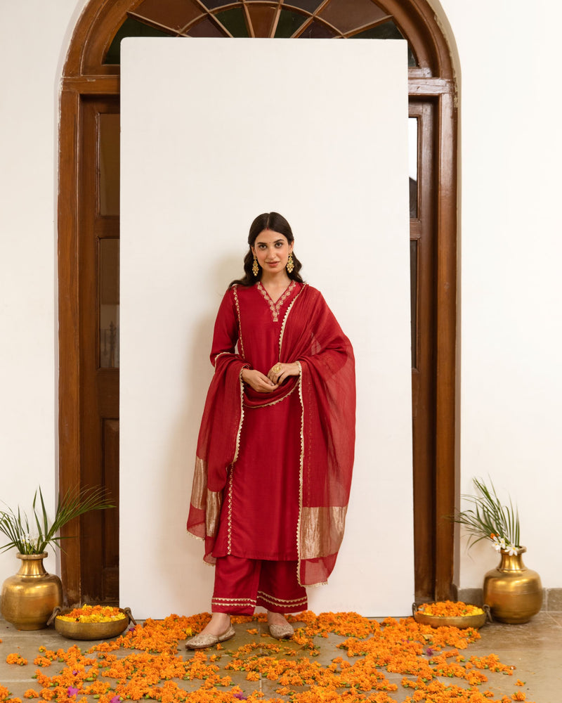 Red Chanderi V-neck Complete Suit Set For Women's