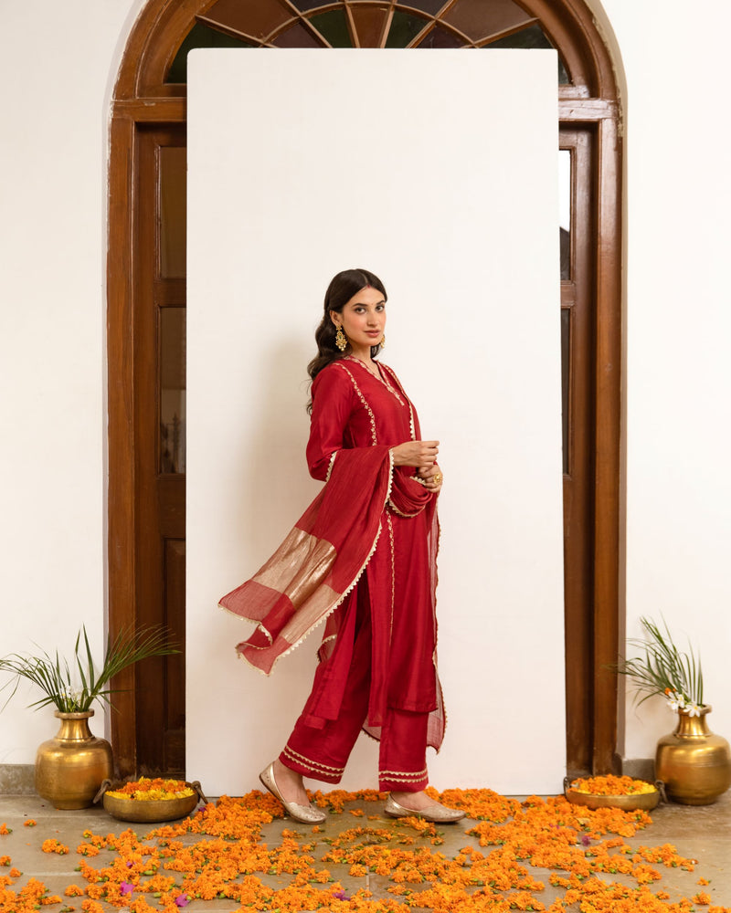 Red Chanderi V-neck Complete Suit Set For Women's
