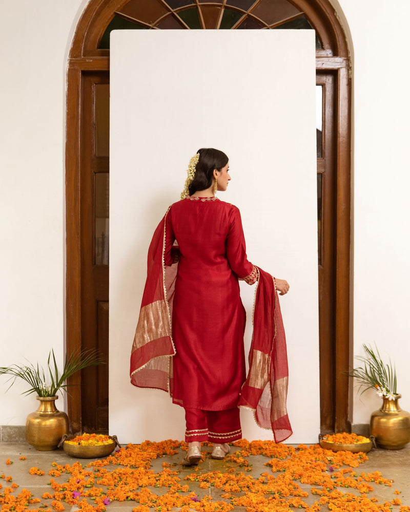 Red Chanderi V-neck Complete Suit Set For Women's