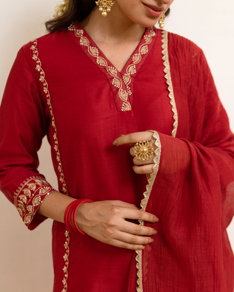 Red Chanderi V-neck Complete Suit Set For Women's